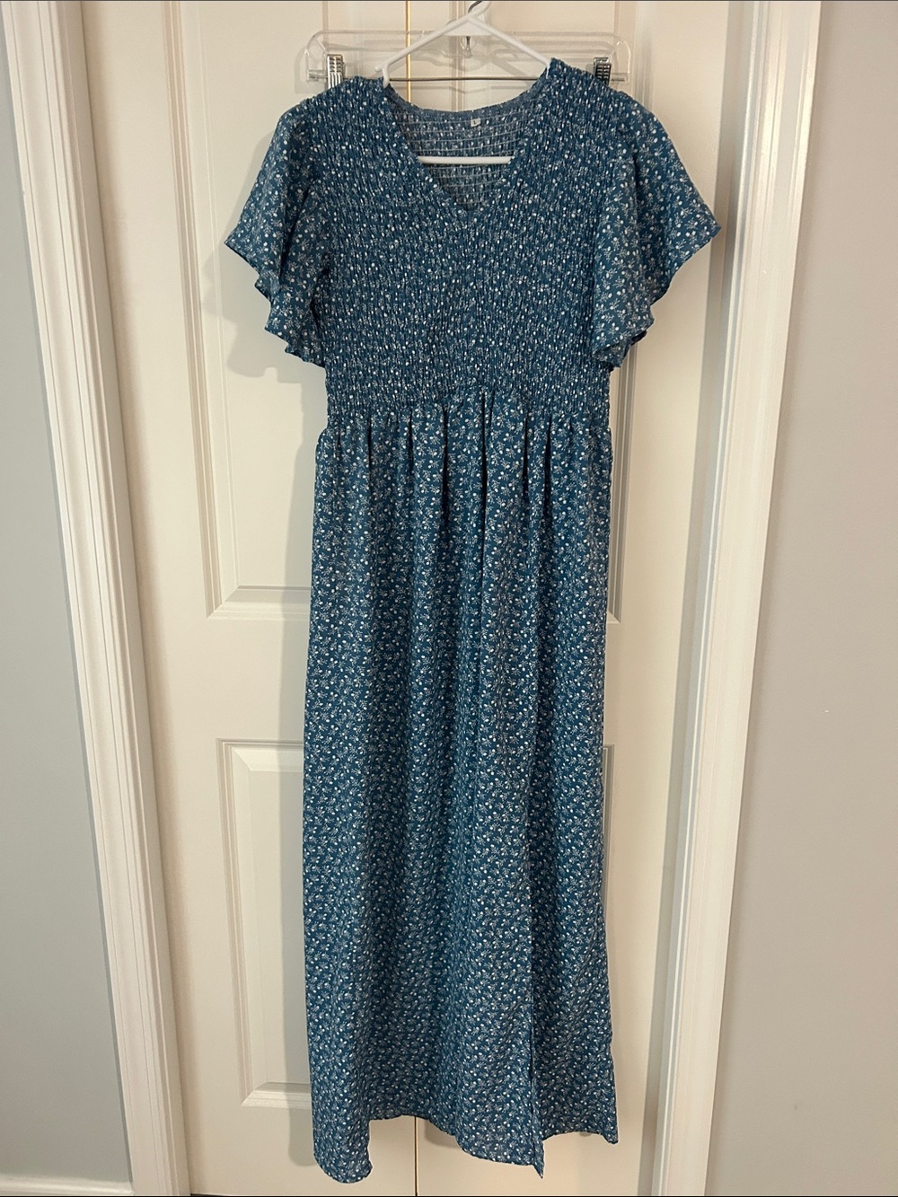 Smocked Blue Floral Maxi Dress with Flutter Sleeves